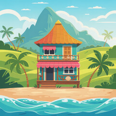 Tropical beach house on sandy shore