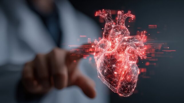 Doctors Hands Interact With a Holographic Heart Icon in a Modern Healthcare Setting Showcasing AI Technology