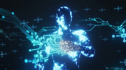 Abstract digital human figure dissolving into glowing particles and digital circuit lines person. - Powered by Adobe