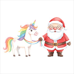 Santa Riding Unicorn Watercolor Vector
