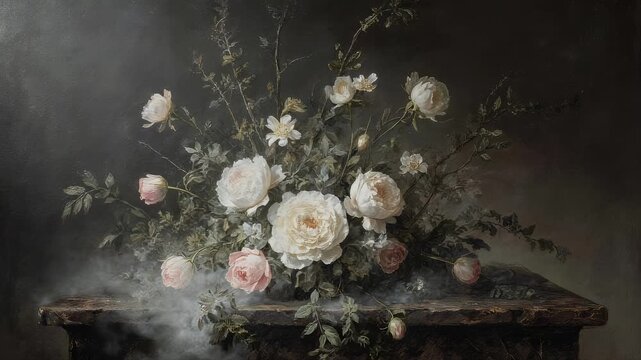 Elegant floral arrangement with soft mist and moody lighting.