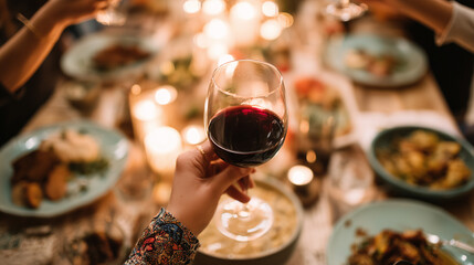 First Person View of Friendsgiving Toast at Messy Dinner Table