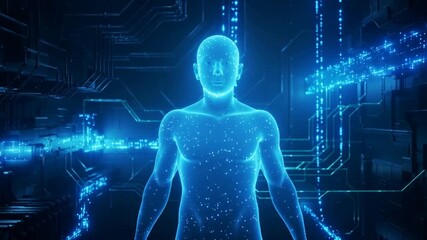 Abstract glowing human silhouette composed of digital particles and circuits. - Powered by Adobe