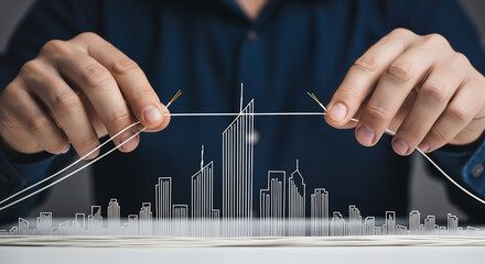 Close up of hands holding strings to create a miniature cityscape of modern skyscrapers and buildings