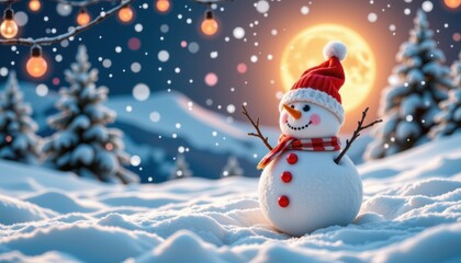 Beautiful Snowman Celebrating New Year in Snowy Landscape with Christmas Lights Against Winter Background