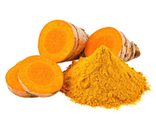 Sliced and powdered root of an orange spice, isolated on black background