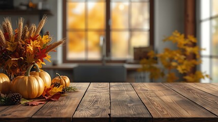 Autumn harvest display with pumpkins leaves and wheat on a rustic wood table in a bright kitchen thanksgiving day