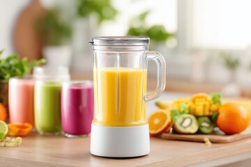 Bright kitchen scene featuring a blender with fresh fruit smoothies in the background, showcasing vibrant colors