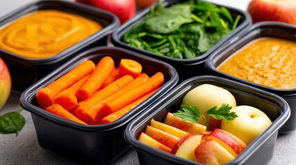 Freshly prepared meal prep containers featuring vibrant vegetables and fruits on a clean kitchen counter