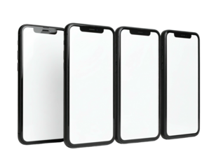 Four sleek, modern smartphones with bright white screens, arranged in a row against a black backdrop