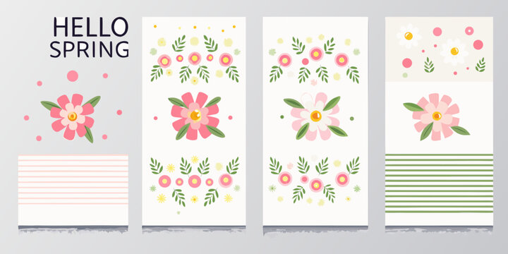 Collection of hello spring floral designs with pink and green flowers and striped backgrounds