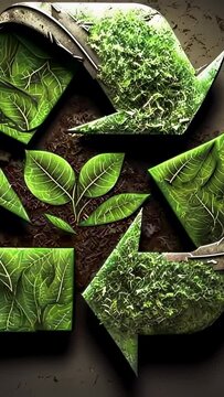 Vertical video: Displaying leaf recycling symbol circling growing seedling on soil background