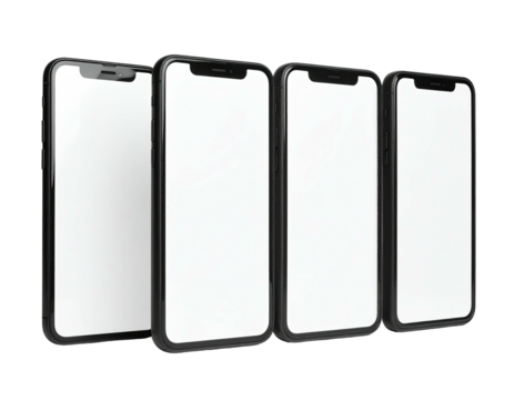 Four sleek, modern smartphones with bright white screens, arranged in a row against a black backdrop