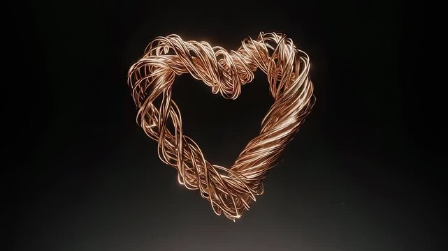 Twisted copper strands form a glowing heart shape, symbolizing warmth and connection with metallic luster and elegant craftsmanship.