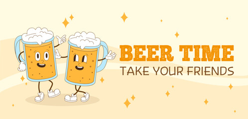 Fototapeta premium Groovy beer character. Beer glasses friends party banner or invitation. Drink day, bar ad poster in retro style. Clubbing, friday night rest, neoteric vector design
