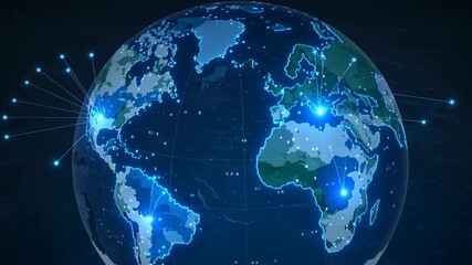 Digital globe with glowing connections spanning continents, representing global network and communication. - Powered by Adobe