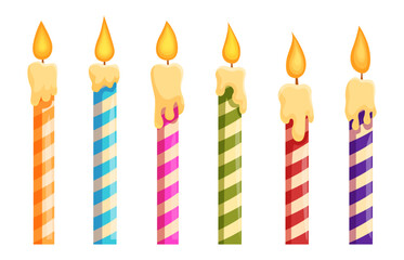 Cartoon burning birthday candles. Vibrant stripes design party candle with fire flames. Melting process, festive cake decoration elements sapid vector set