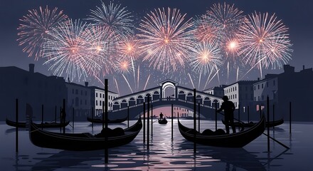 Spectacular Fireworks Illuminate Venetian Night Sky Over Grand Canal and Rialto Bridge.