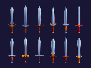 Medieval swords. Cartoon ancient sword game design elements. Knight viking warrior equipment. War iron assets with wooden handles, sapid vector set