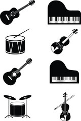 Collection of Musical Instruments Illustration in Black and White Minimalist Style for Creative Proj