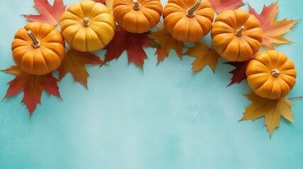 Happy Thanksgiving Day Autumn Background with Pumpkins and Fall Leaves on Blue Surface