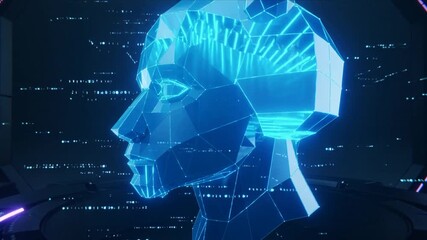 Geometric Blue Digital Head with Crown and Band, Surrounded by Data Streams. - Powered by Adobe