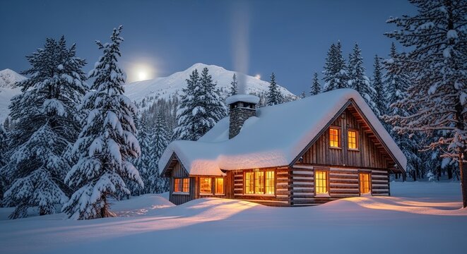 Cozy Log Cabin in a Snowy Winter Wonderland Scene
