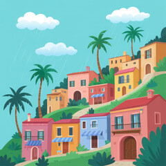 Colorful hillside village in the rain