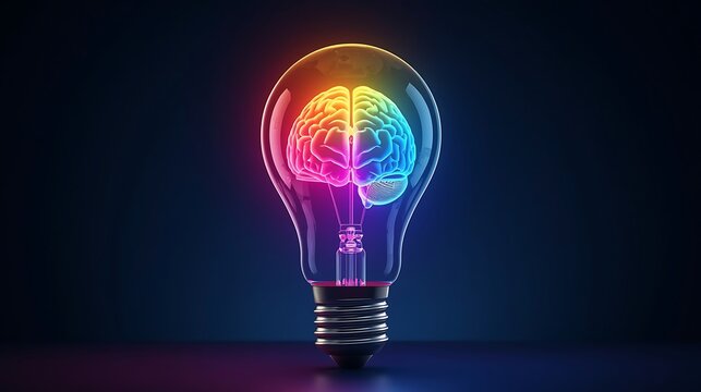 A glowing brain inside of a lightbulb against a dark blue background with colorful lighting