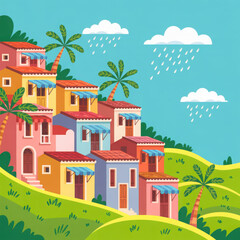 Colorful hillside village in tropical rain