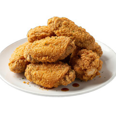 Golden Brown Crispy Fried Chicken Wings Served on a White Plate With a Glossy Sauce Drizzle and Parsley Garnish Isolated on a Black Background Studio Shot