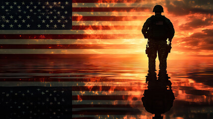 American Soldier Silhouette Standing in Water with Flag and Sunset Backdrop for Veterans, Memorial Day concept. Lettering Veterans Day. Honoring All Who Served