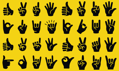 Diverse Hand Gestures Vector Illustration Depicting Communication and Expression with Black Silhouet