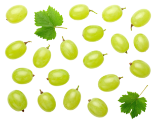 Isolated green grapes with leaves, arranged randomly on a transparent, black background