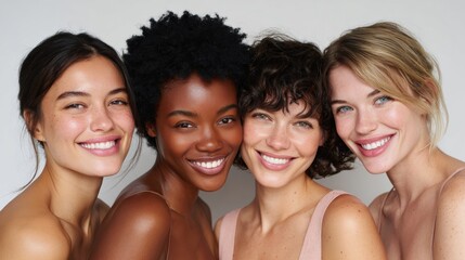 Fototapeta premium Women of Different Backgrounds Sharing Smiles and Confidence Against a Neutral Backdrop in a Lively Moment of Friendship