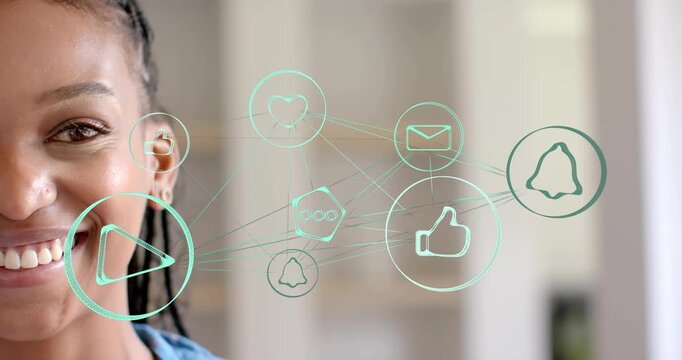 Woman gradually smiling while viewing holographic social media icons and reacting to likes