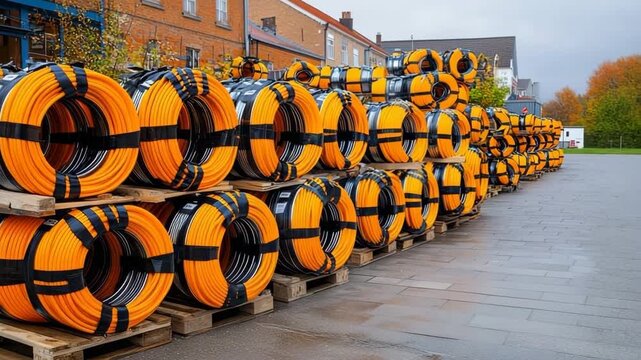 Colorful rolls of cable arranged neatly on wooden pallets in a warehouse area during daylight hours