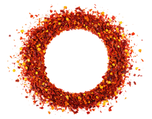 A ring of red chili flakes with a black center, isolated on black