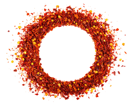 A ring of red chili flakes with a black center, isolated on black