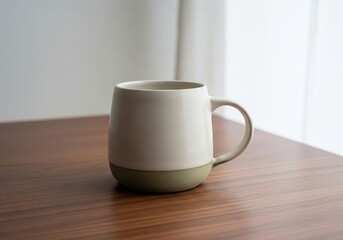 Fototapeta premium Elegant White Stoneware Mug Mockup with Sage Green Base on Rustic Wood Table