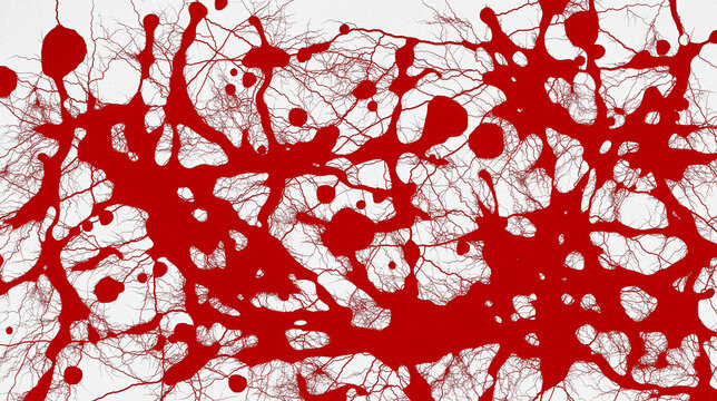 Realistic red blood splatter background with dripping stains and horror crime scene texture design