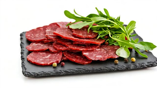 Slices of cured meat served on a black slate plate with fresh arugula and peppercorns for a delightful appetizer experience