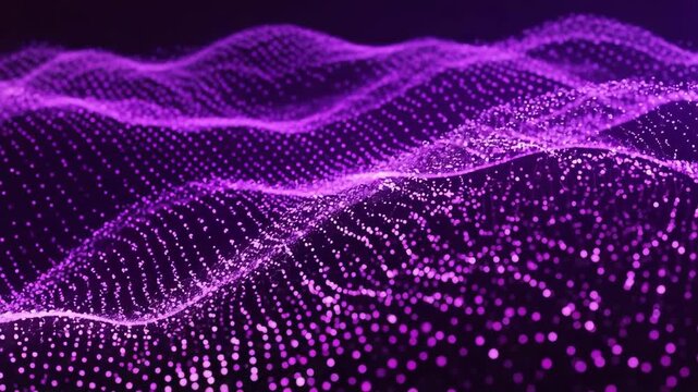 abstract digital background with glowing purple particles and waves on dark