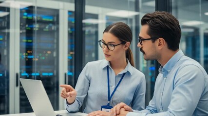 Two it professionals collaborate on a laptop in a modern server room environment setting - Powered by Adobe