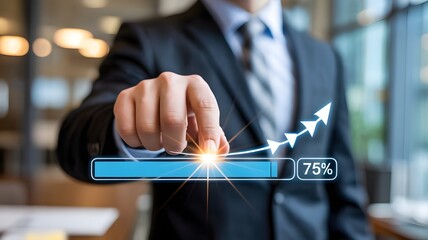 Hand Touching Digital Progress Bar at 75 Percent Completion Point 