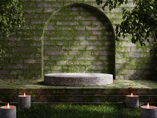 Mossy podium in tropical forest for product presentation and dark room background.
