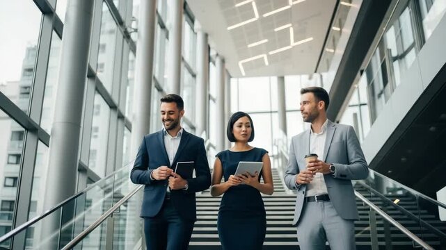 Three business people walking down stairs in modern office building with large windows