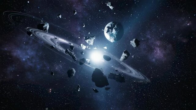 A cosmic collision scatters asteroids and shattered planetary rings across space, capturing dynamic energy and celestial chaos.