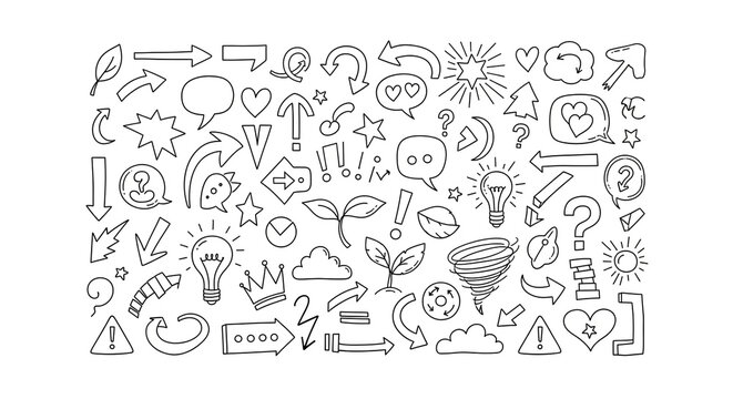Collection of handdrawn doodle icons and symbols including arrows, lightbulbs, hearts, clouds, and speech bubbles on a white background
