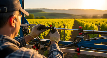 Naklejka premium Farmer Adjusting Precision Agriculture Equipment in a Vineyard at Sunset with Lush Green Rows of Grapes under Golden Sky